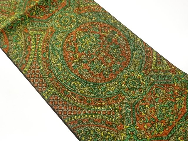 JAPANESE KIMONO / NAGOYA OBI / WOVEN ARABESQUE PATTERN & LONG TAIL BIRD 